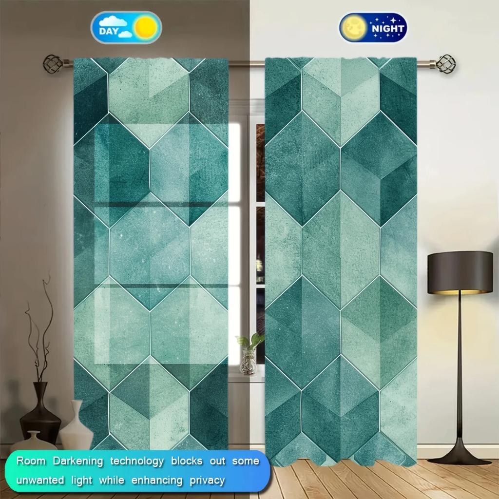 2pcs Hexagonal Art Printed Curtain for Home Decor - Rod Pocket Window Treatment for Bedroom,Office,Kitchen,Living Room,and Study
