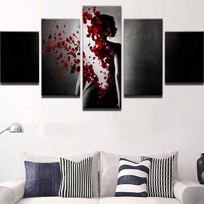 5 Panels Petals Woman Figure Canvas Painting Modern Posters and Prints Wall Pictures for Living Room Home Decor No Frame