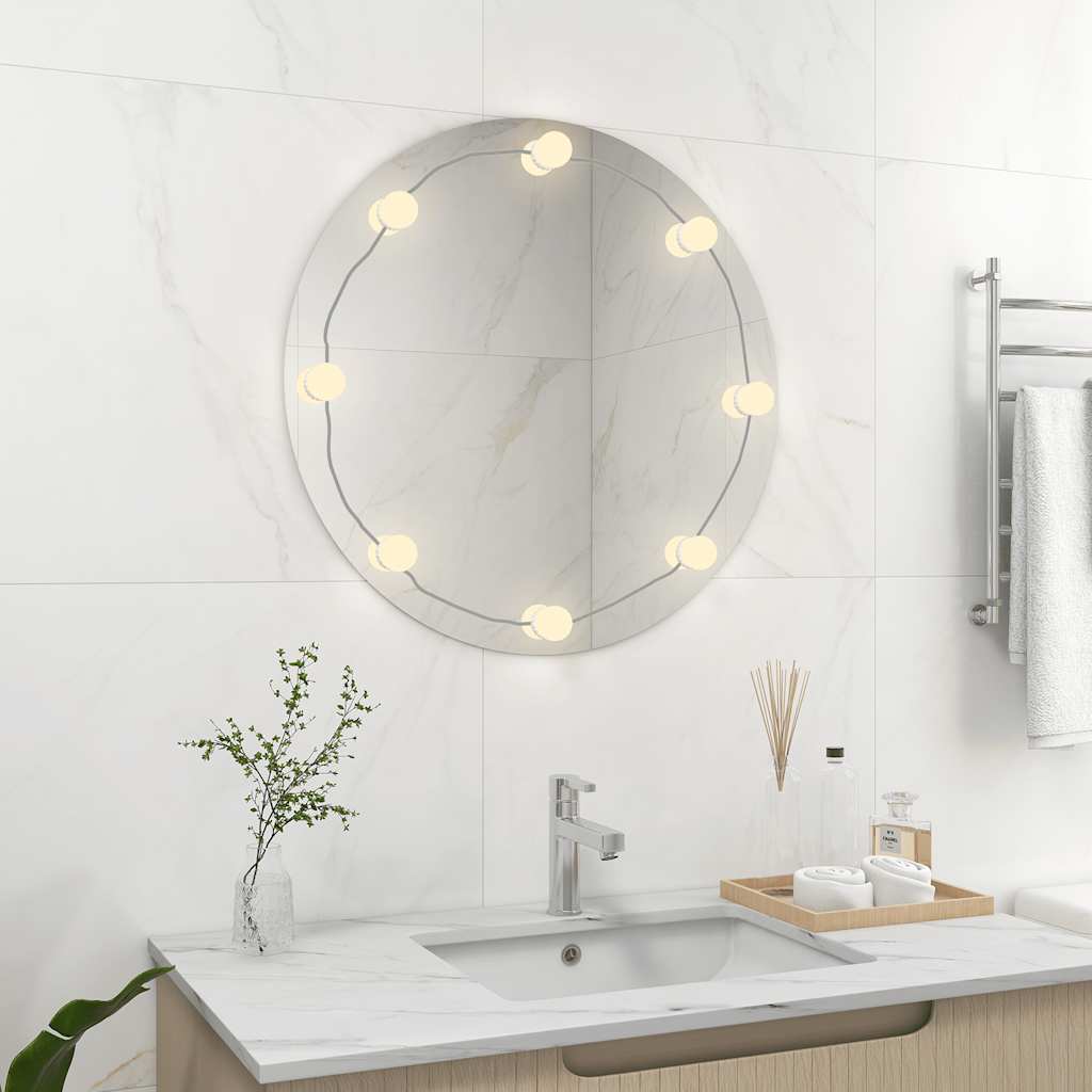 Vidaxl Lustro Ścienne Z Lampkami Led, Okrągłe, Szklane