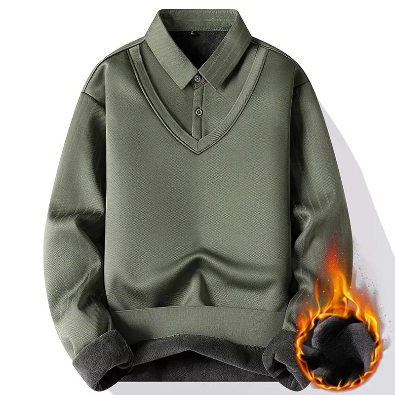 Мужской пуловер вязаный свитер с имитацией двух частей 2025 Зимний теплый топ Утепленный флисом на бархатной подкладке Свитер с воротником-рубашкой Мужская одежда