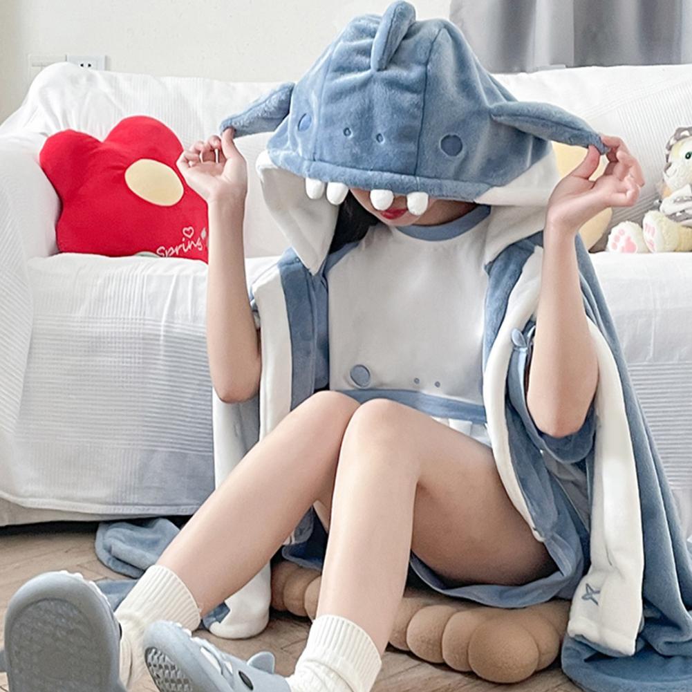 Милая Пижама-Халат из Кораллового Флиса с Охлаждением в Виде Акулы/Летучей Мыши, Плечевой Шарф, Домашняя Одежда, Удобная Мягкая Ткань, Осенний Сезон