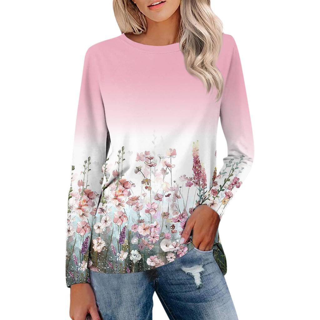 Women's Loose Casual Leisure Long Sleeve Round Neck Printed T-shirt