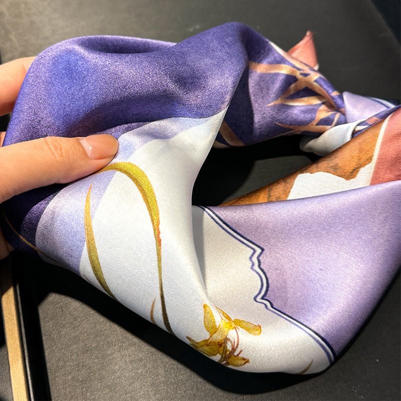 100% Pure Silk Square Scarf Women Elegant Purple Floral Print Lightweight Chic Accessory Office Daily Wear