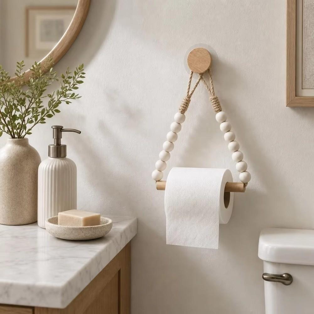 Hemp Rope Design Roll Paper Dispenser Punch-Free Wall-Mounted Toilet Paper Rack Home Organizer