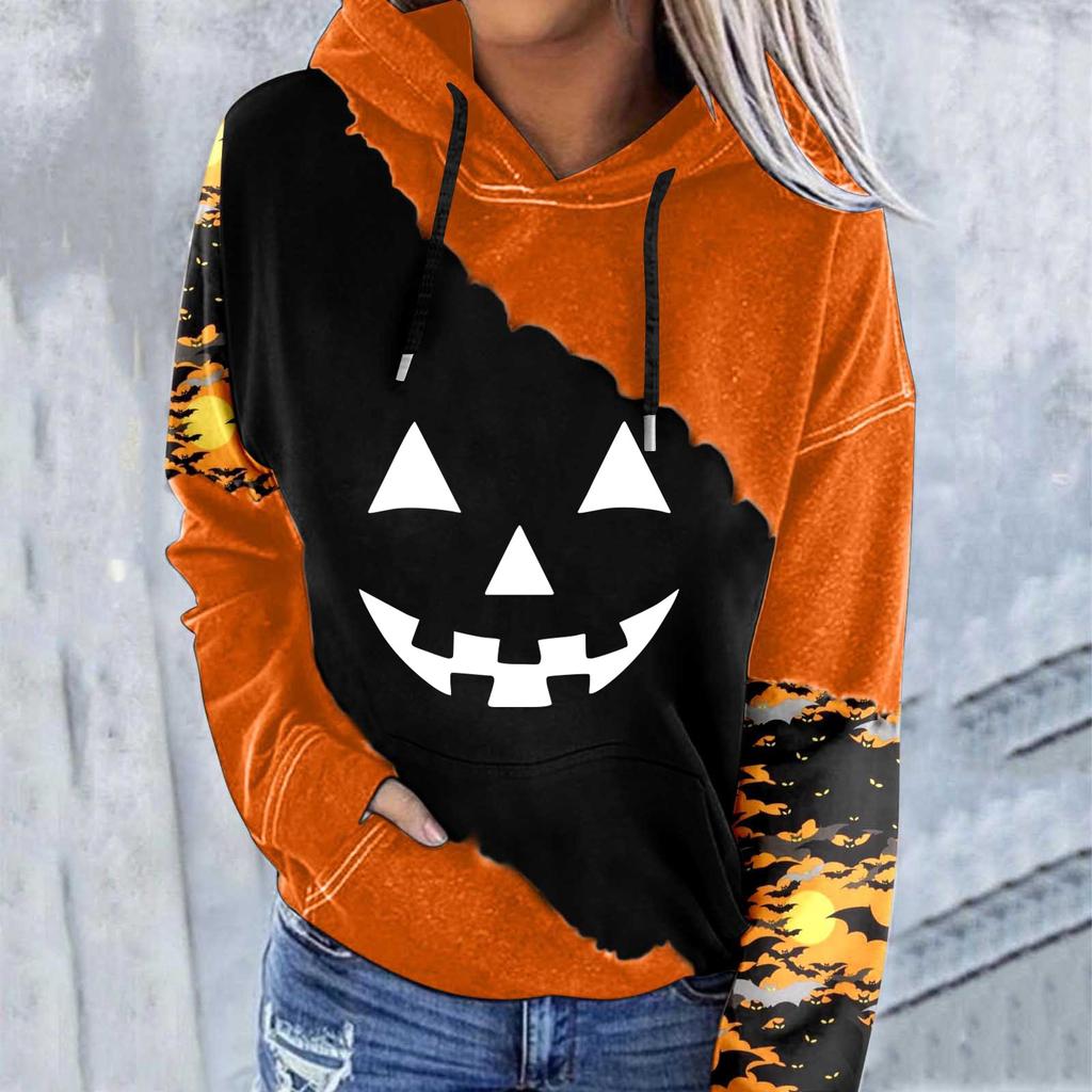 Женский повседневный модный пуловер с длинным рукавом и принтом Хэллоуина с капюшоном