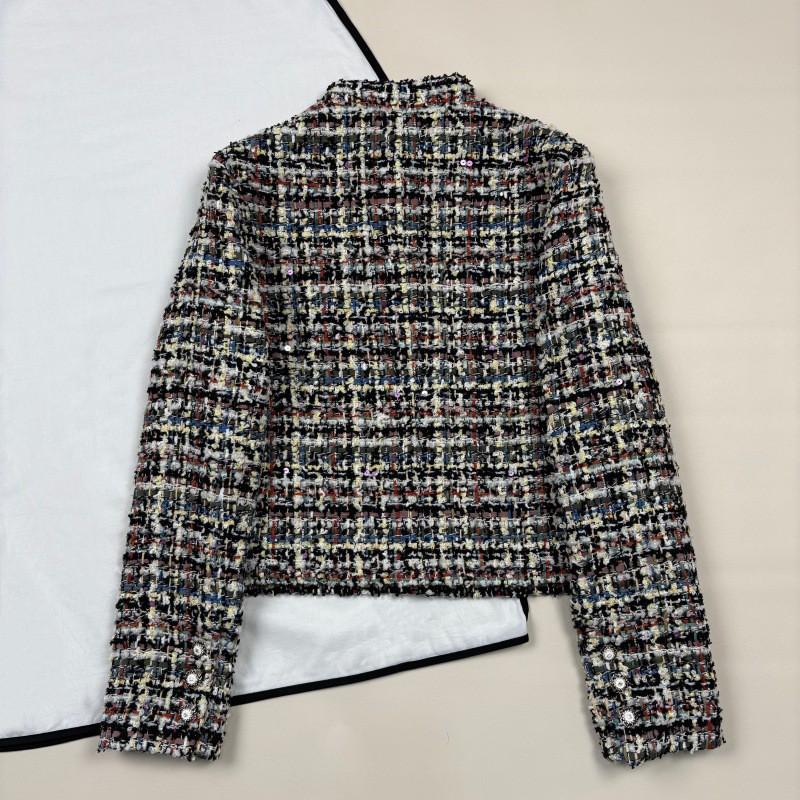 2026 Womens Silk-Lined Tweed Cropped Jacket With Stand Collar Colorful Sequins Plaid