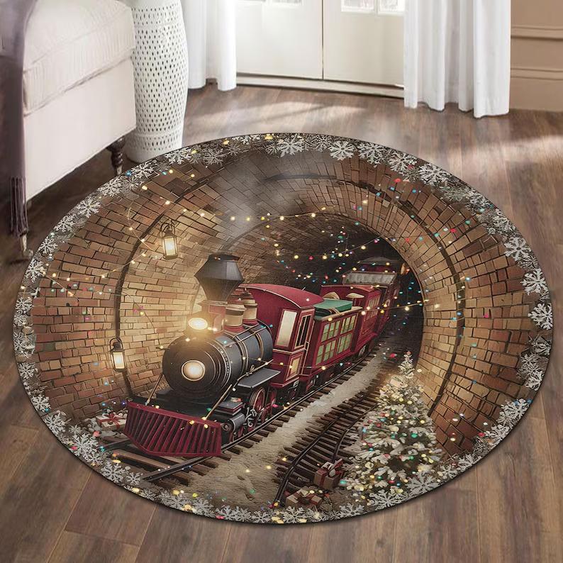 Train Tracks Round Rug Kids Playroom Rug Red Train Holiday Tunnel Rug Festive Railway Mat Living Room Cozy Holidays Carpets