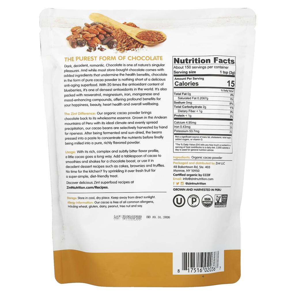 Zint, Raw Organic Cacao Powder, 16 oz (454 g)