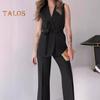 2 шт./компл. Женское пальто и брюки, комплект с V-образным вырезом на шнуровке, тонкая талия, кардиган средней длины, куртка без рукавов, широкие брюки с высокой талией, прямые брюки, женские формальные брюки