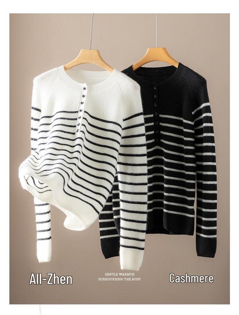 Women's 100% Pure Cashmere Striped Button-Up Raglan Sleeve Cardigan Sweater, Round Neck for Autumn/Winter