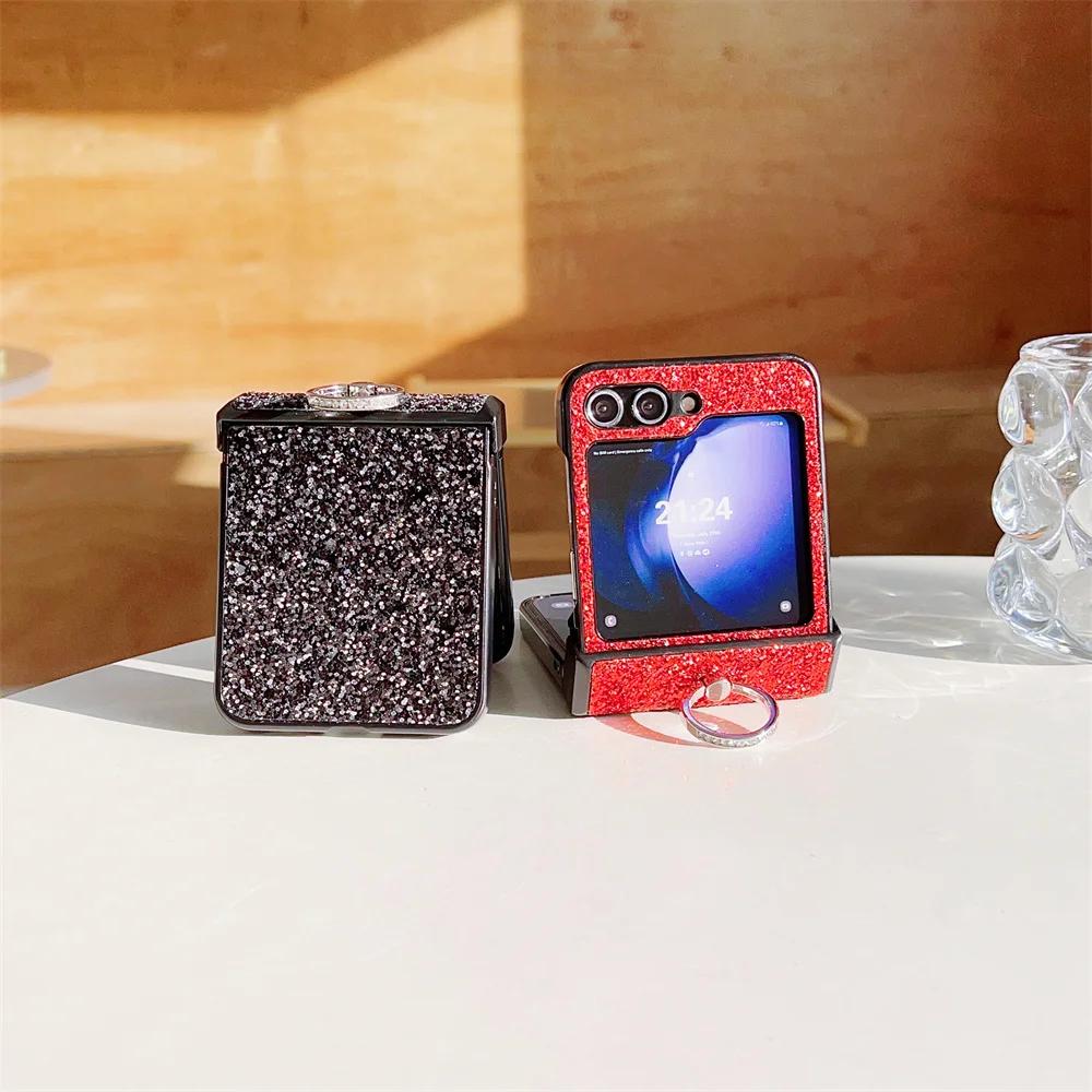 Чехол для телефона с кольцом, бриллиантовой сверкающей пудрой для Samsung Galaxy Z Flip 6 5 4 3 Flip6 Flip5 Flip4 Flip3, защитная противоударная крышка
