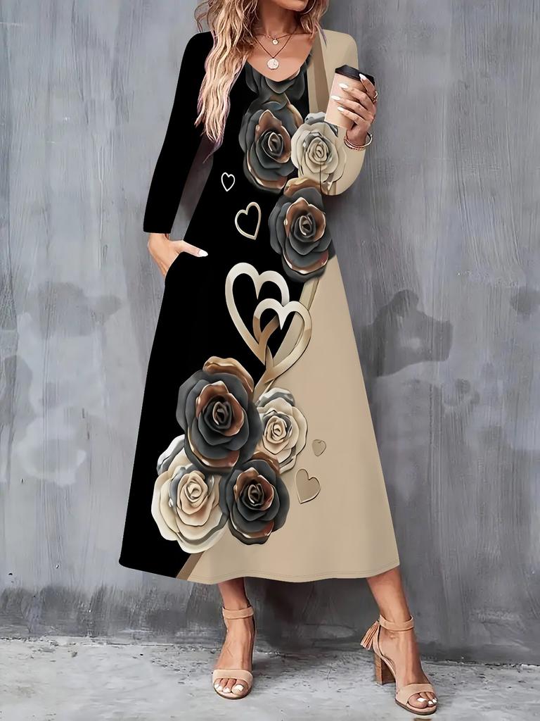 2025 Осень и Зима Новое Женское Повседневное Модное Платье 3D Ретро Принт с Узором Длинный Рукав V-образный Вырез А-силуэт Платья