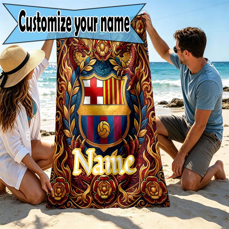 Custom Name Personalized FOOTBALL Club Barcelona Print Beach Towel, for Trip Camping Beach Party Home Decor, Birthday Gift for Family & Friends