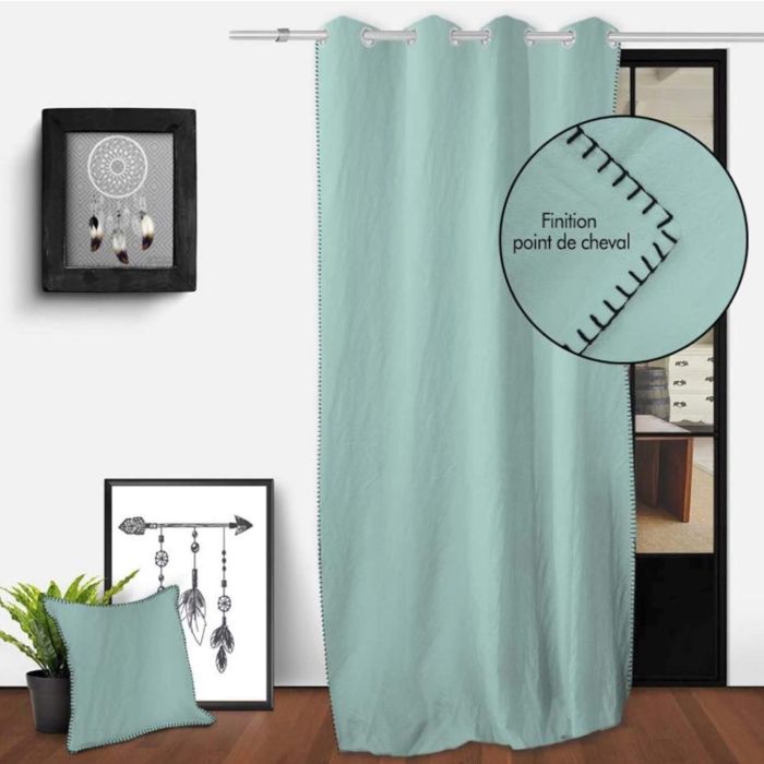 Washed Cotton Eyelet Curtain 135x250 Cm SPIRIT Water Green, by Soleil d'Ocre