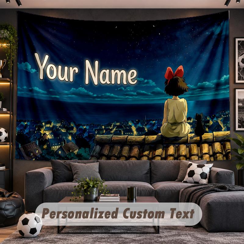 Kiki's Delivery Service Jiji Personalized Tapestry Support Custom Name, Wall Art Home Decoration