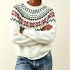 Fair Isle Knit Sweater Womens Retro Round Neck Octagon Pullover Loose Fit Winter
