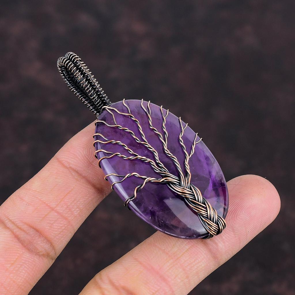 Древо жизни Звезда Аметист Подвеска Медная проволока Обернутая подвеска Драгоценный камень Подарок для матери Изумительный кулон ручной работы Медная проволока Ювелирные изделия