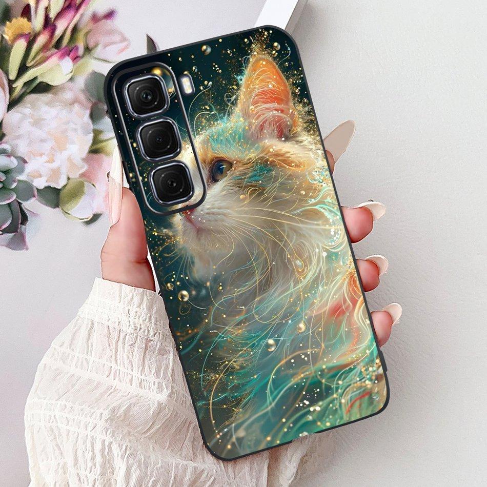 For Infinix Hot 50 4G Phone Case Hot 50 Pro+ 4G Hot50 Pro Elegant Floral Cat Pattern Black Silicone Soft TPU Cases
