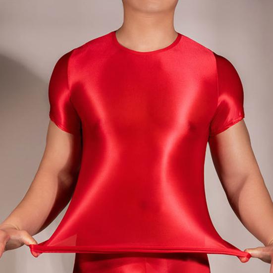 Мужская футболка, тонкая, высокоэластичная, с круглым вырезом, короткими рукавами, облегающая, с хорошей воздухопроницаемостью, с прозрачной глянцевой поверхностью