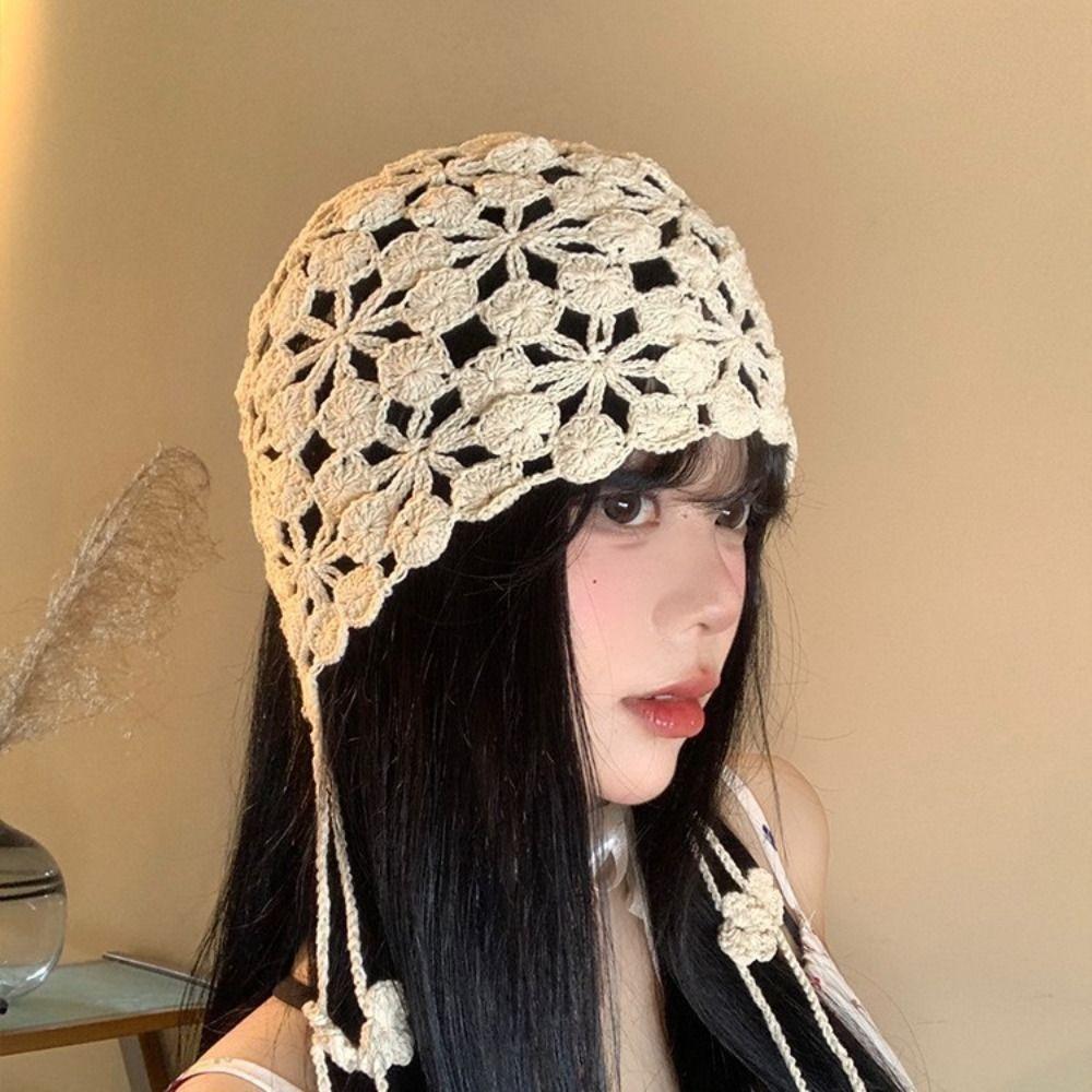 Tassel Hollowed Out Knitted Hat Floral Weave Cap Retro Bohemian Style Beanies Outdoor