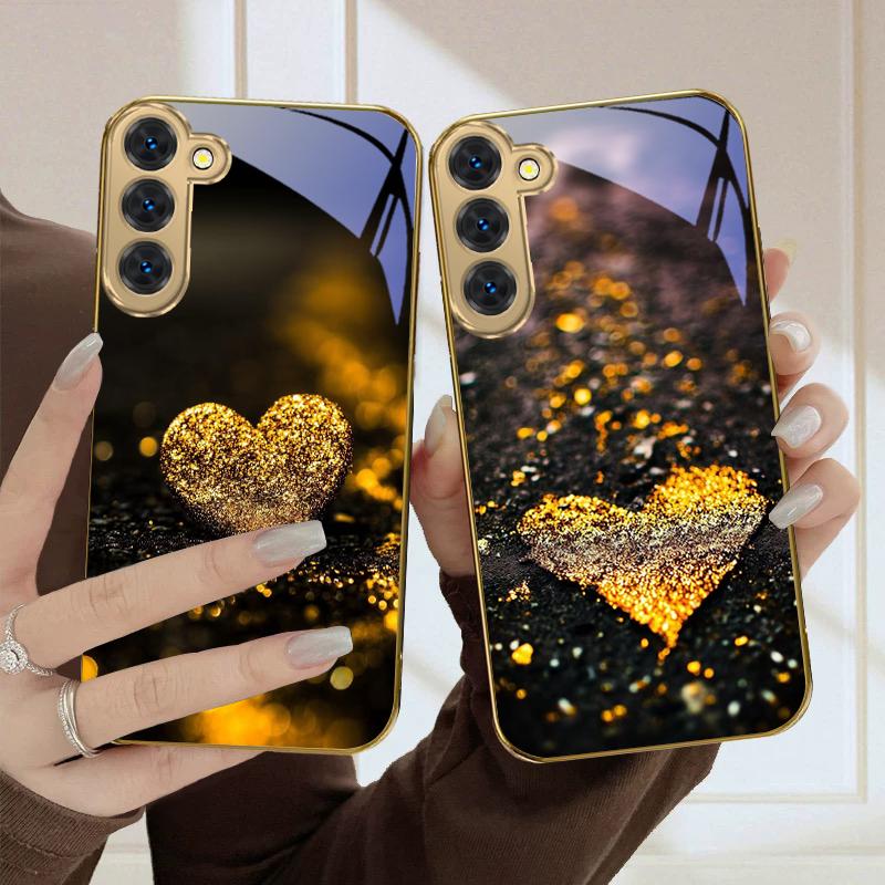 Сияющее сердце Для Samsung Galaxy S20 FE S21 S22 Ultra S23 Plus S24 Ultra 25Ultra S21+ S9+ 22Plus Золотой стеклянный чехол для телефона