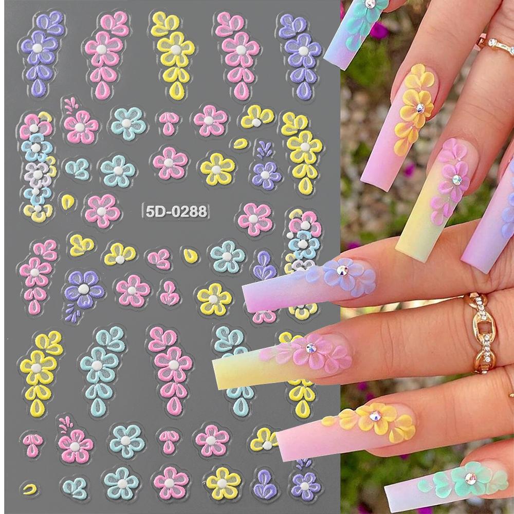 5D Pink Blue Floral Nail Art Stickers Petals Leaf Plant Embossed Nail Decals Spring Flower Design for DIY Nail Supplies