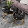 Coffee Table Round, Nesting Table Set of 2, Modern Nesting Coffee Table Drawer, Gold Marble Pattern, Sofa Tables Bedroom Balcony Office