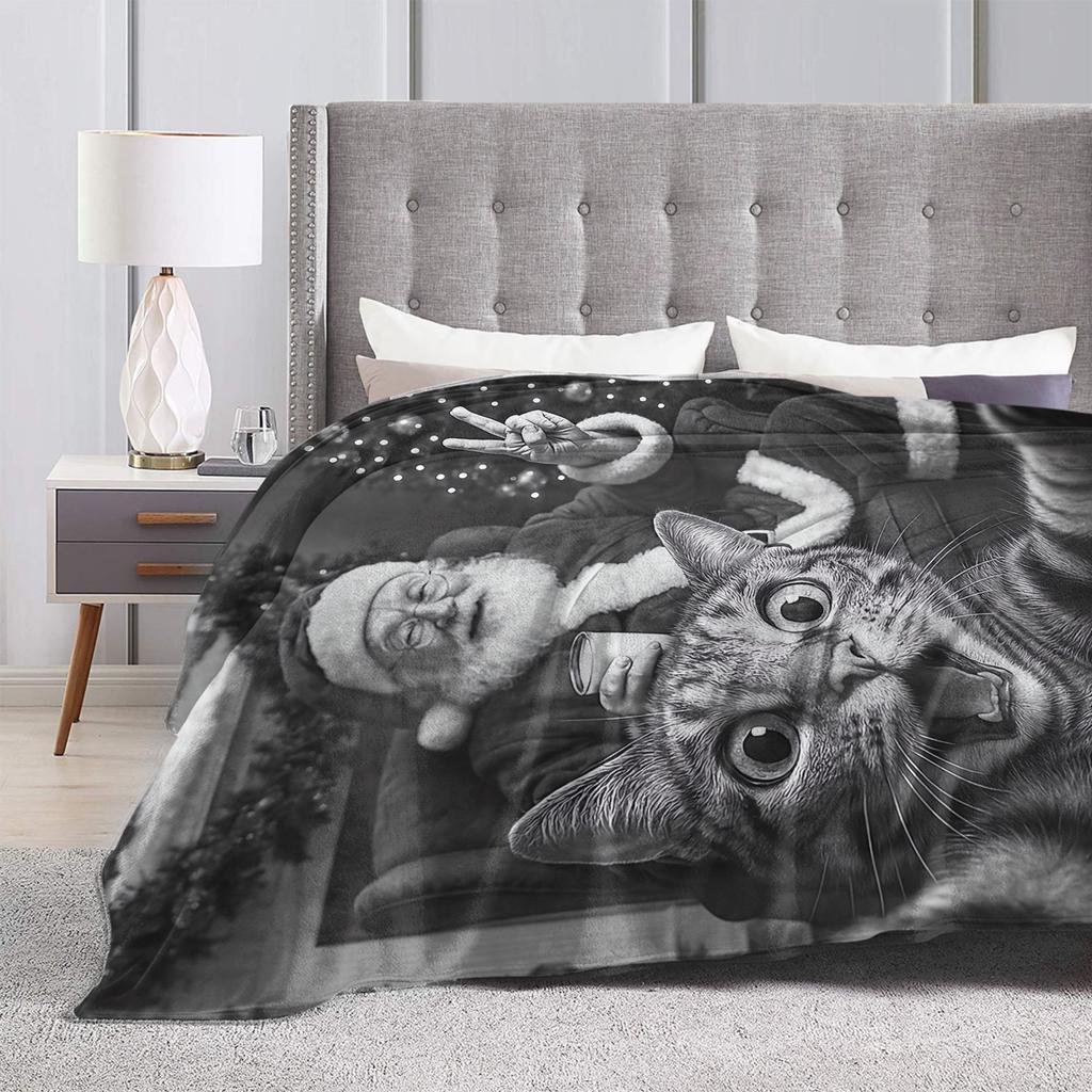 Cat Selfie with Santa Soft Warm Blanket Children Plush Throw Blanket Funny Couch Bed Flannel Bedspread Sofa Bed Cover