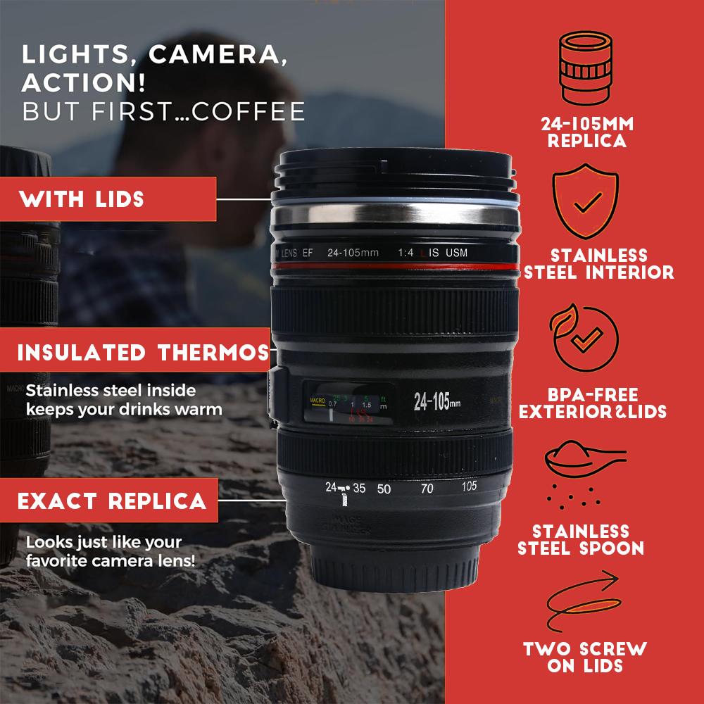 Объектив камеры Кофейная кружка Чашка кофе Нержавеющая сталь Термос с вакуумной изоляцией Бутылка для воды Стакан Термоизоляция Посуда для напитков