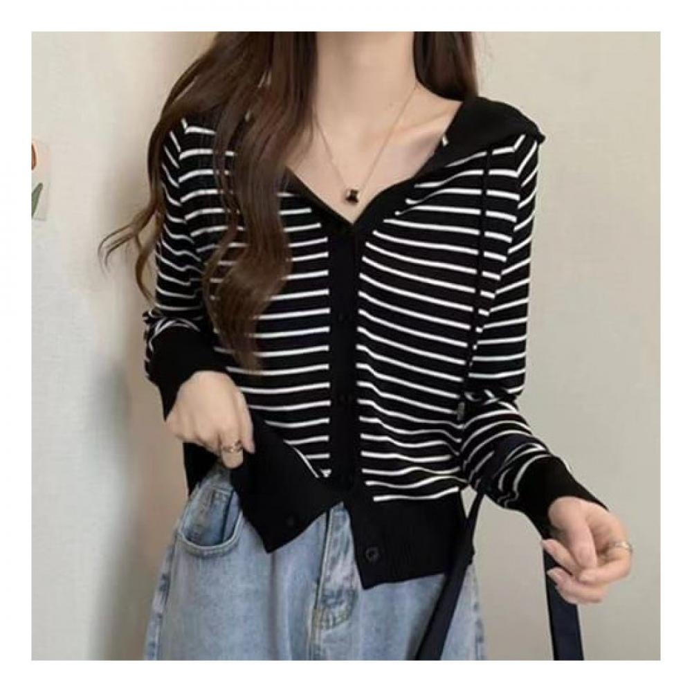 Navava Nk2309 Striped Long Sleeve Hooded Knit Cardigan