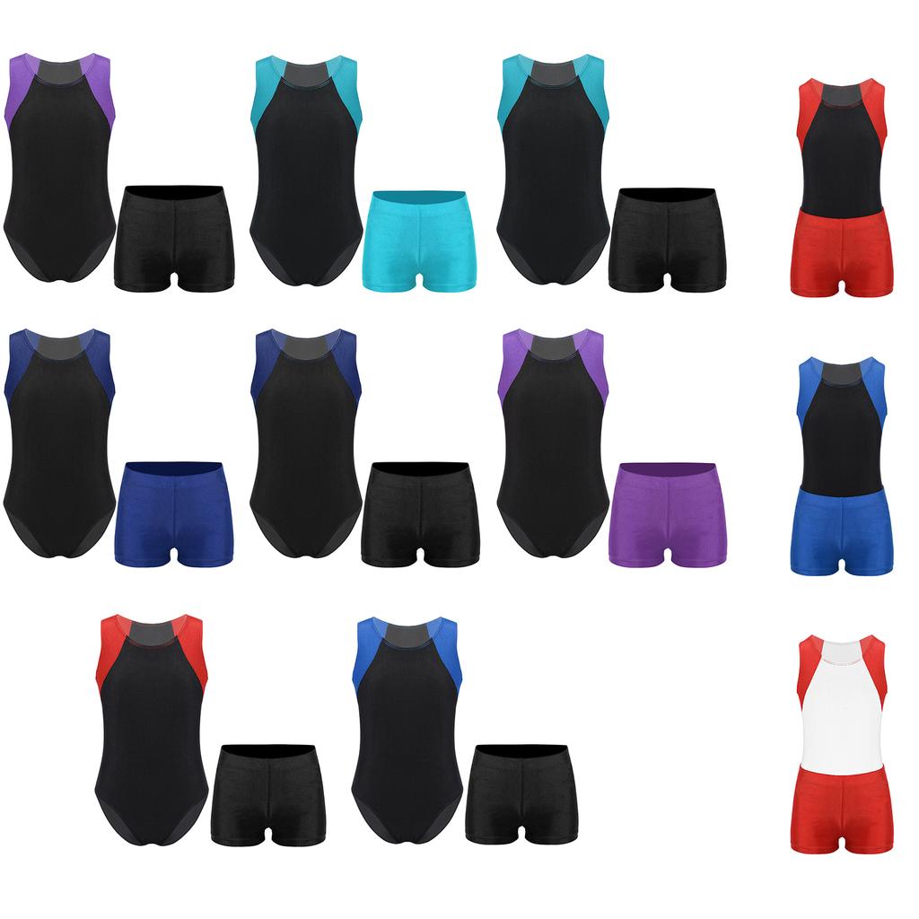 Kids Boys Round Neck Sleeveless Leotard Bodysuit Jumpsuit with Shorts Set for Gymnastic Yoga Workout Competition