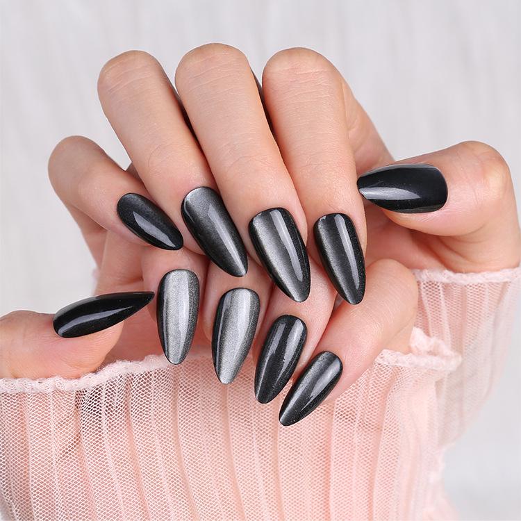 30 Pcs Pure Black Medium Almond Cat Eye Wearable Nail Strips - Special Hot Style Manicure