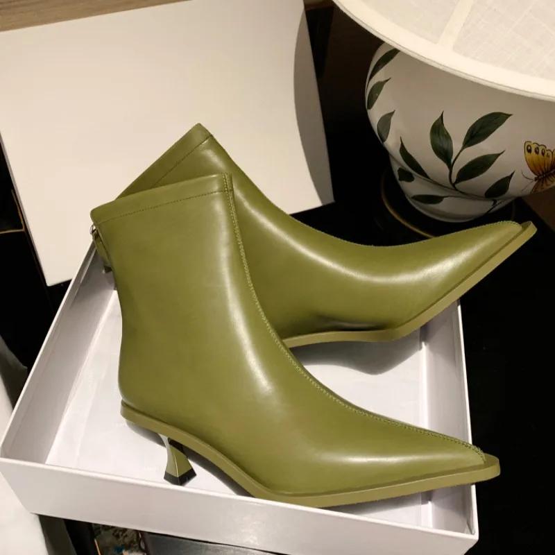 Модные новые остроносые ботильоны на тонком каблуке 5,5 см из коровьей кожи с молнией сзади, европейско-американские, стройнящие, для дам с характером, размеры 34-43