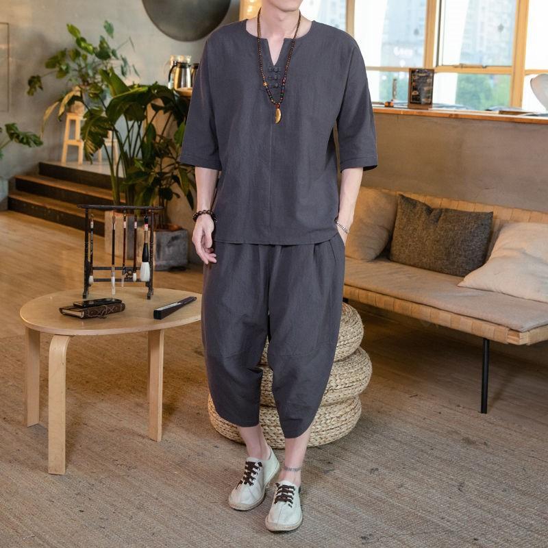 Summer Men's Linen Suit Chinese Style Large Size Loose Cropped Pants Casual Tang Suit Cotton and Linen Two-piece Suit