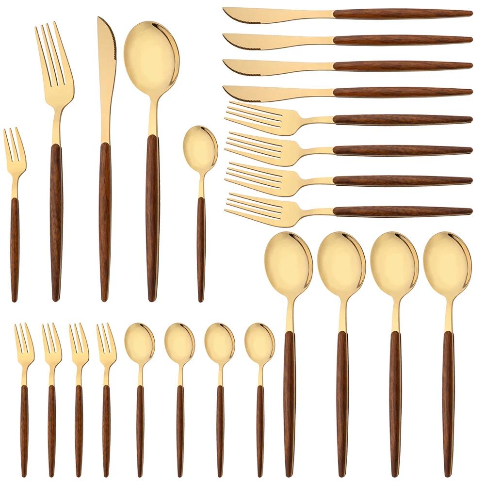 20 шт. Столовые приборы из нержавеющей стали с имитацией деревянной ручки, столовая посуда, нож, кофейная ложка, чайная вилка, набор столовых приборов, посуда