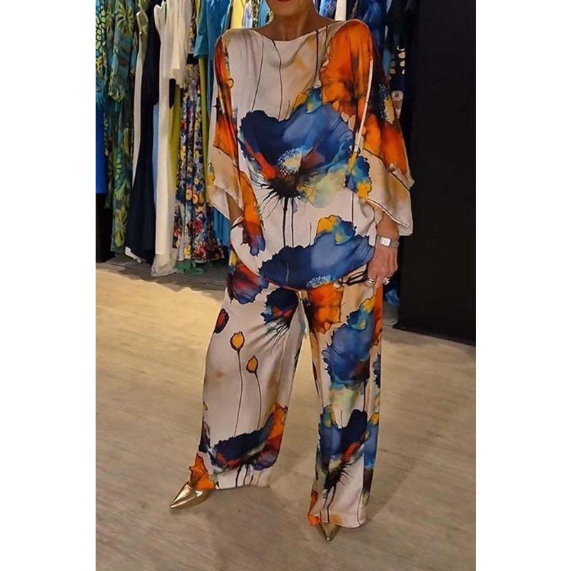 Лето-весна Элегантный свободный однобортный брючный костюм с рукавами «летучая мышь» и завязками на завязках