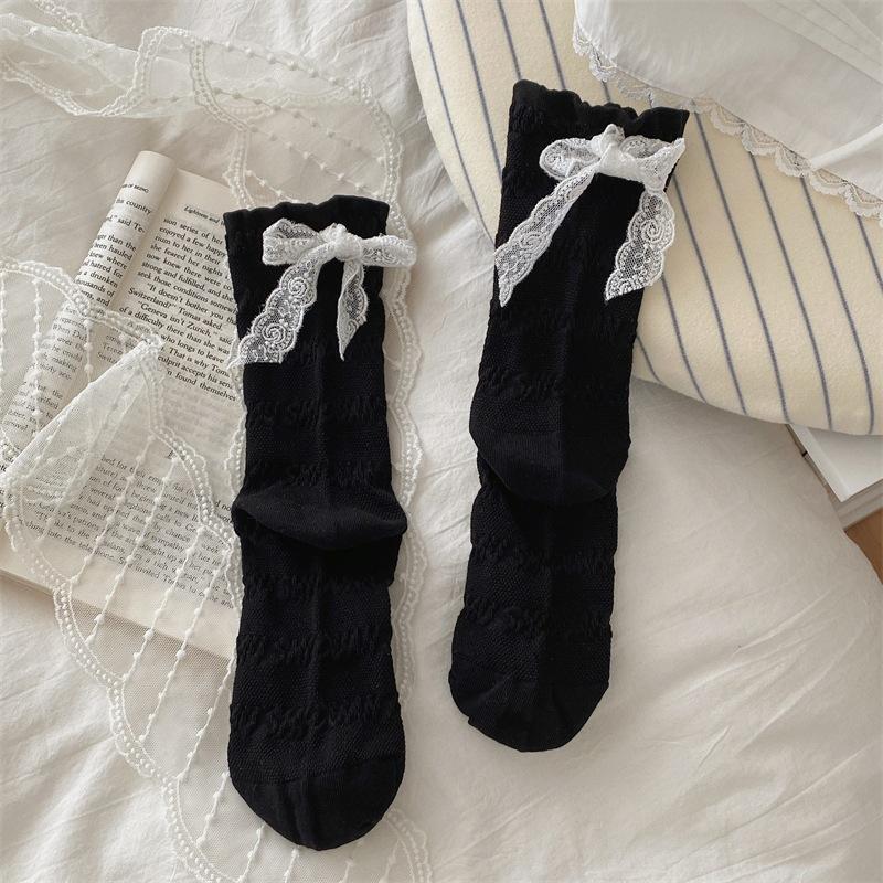 Female Spring and Summer Thin Cotton Solid Color Ballet Style Ribbon Bow Mesh Breathable Hose