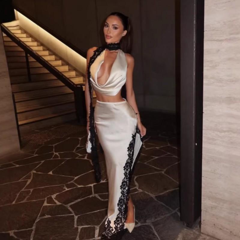 Sexy Sleeveless Top Lace Slit Long Skirt Set Women Outfit