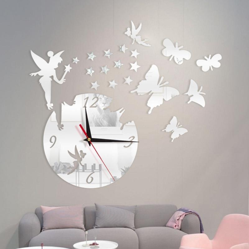 62KD DIY Mirror Acrylic Wall Clock Sticker Fairy Stars for Butterfly Living Room D