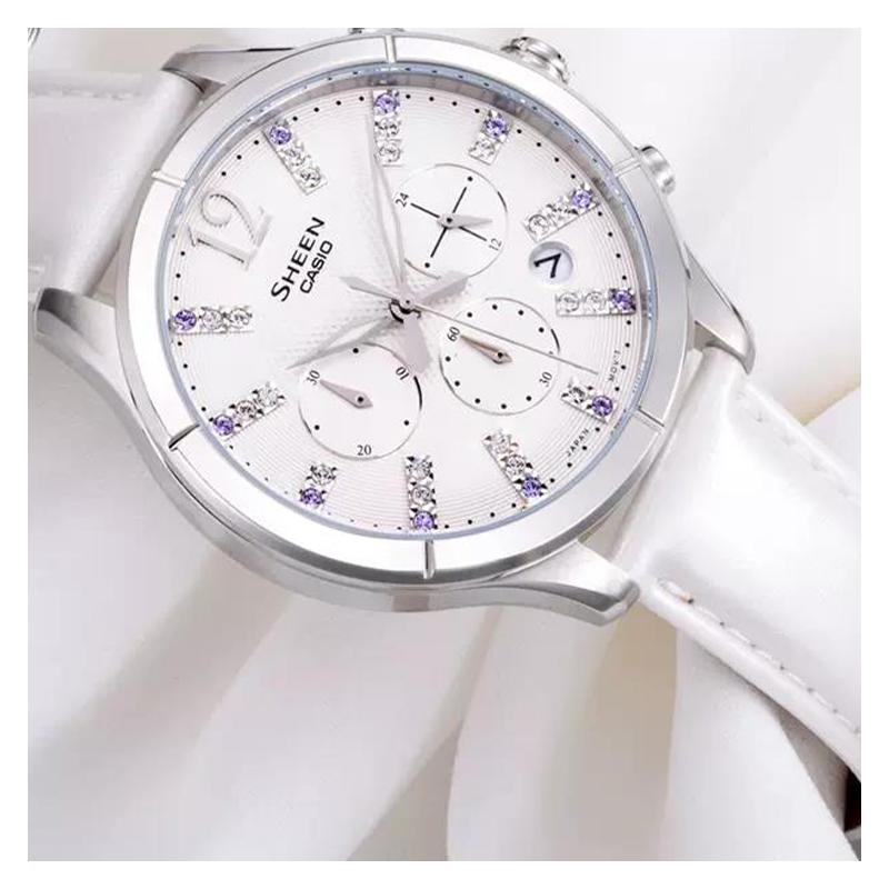 Casio SHEEN Series Simple Swarovski Rhinestone Scale Watch Quartz Movement Genuine Leather Strap Japanese and Korean Watch Women's SHE-5020L-7APR