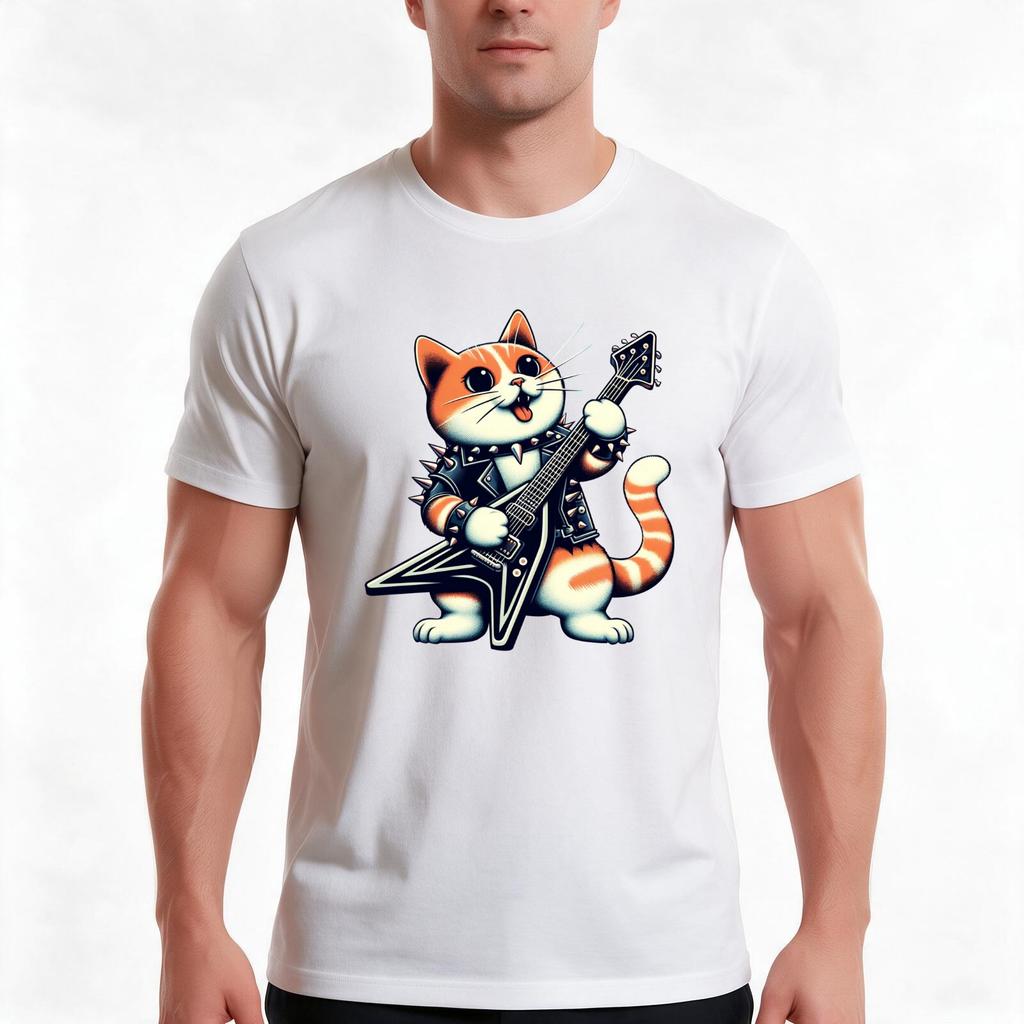 Cat Playing Heavy Metal Guitarrock Cat Playing Guitar Tshirt Summer Casual Cotton Tee Oversized Streetwear Tops 100 Cotton