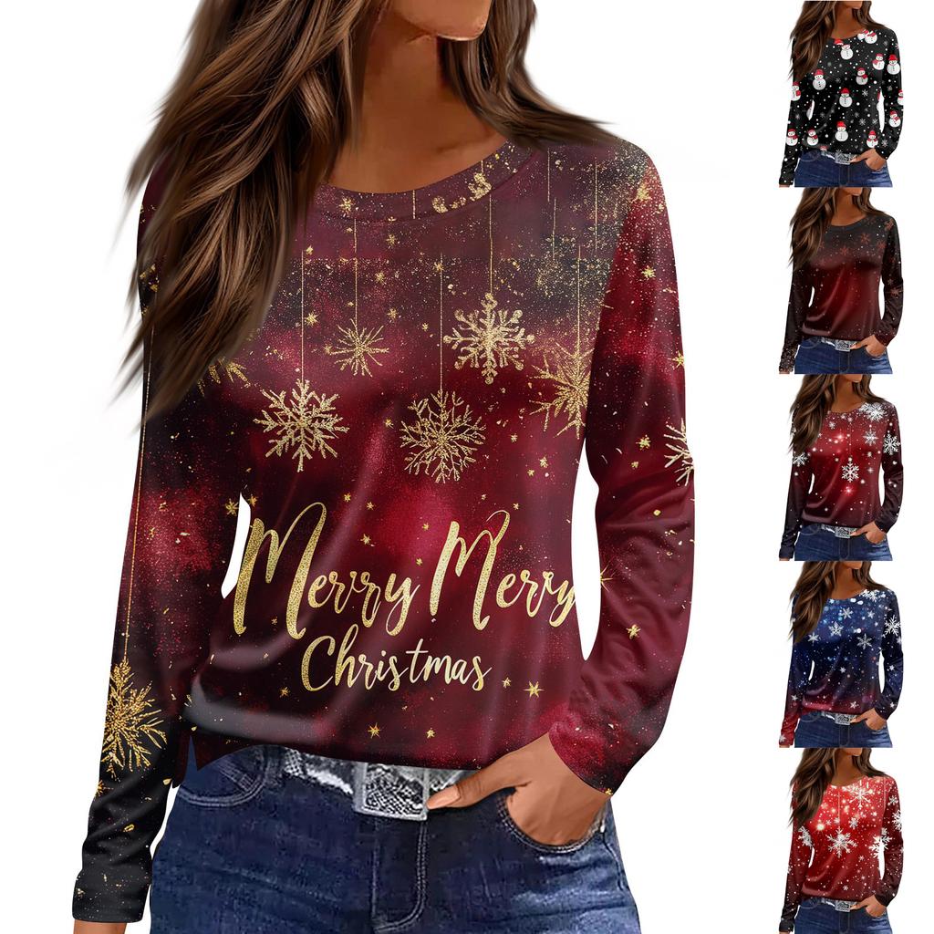 Women's Fashion Casual Slit Hem Round Neck Long Sleeve Loose Christmas Printed T-Shirt Ladies Top