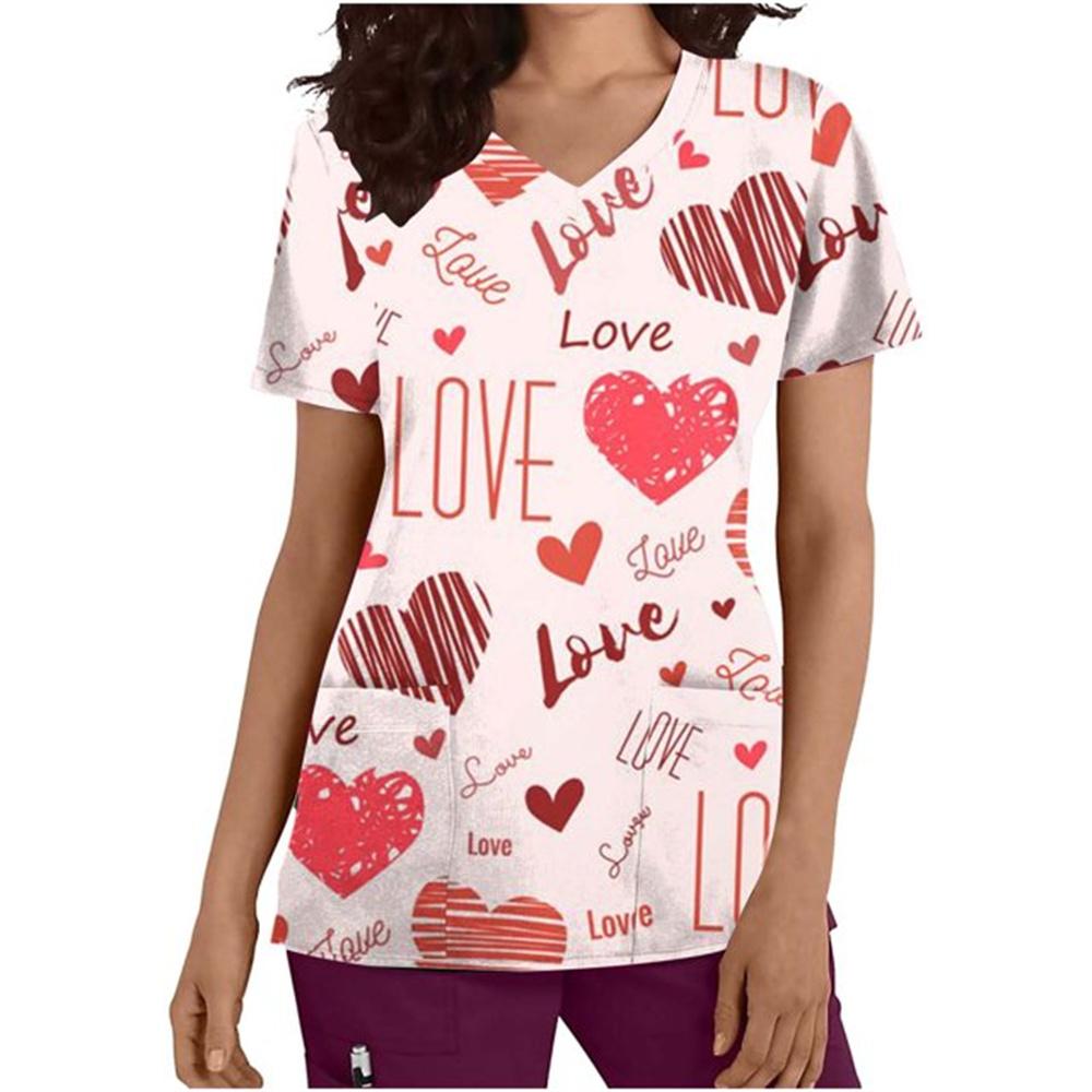 Летний топ с V-образным вырезом, женская рабочая униформа с принтом, рубашка с коротким рукавом, V-образный вырез, блузка, платье для медсестры, туника, униформа