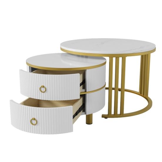 Rounded Edge Coffee Table with 2 Drawers Strong Load-bearing Spacious Desktop High-Gloss Marble Pattern Tea Table Living Room