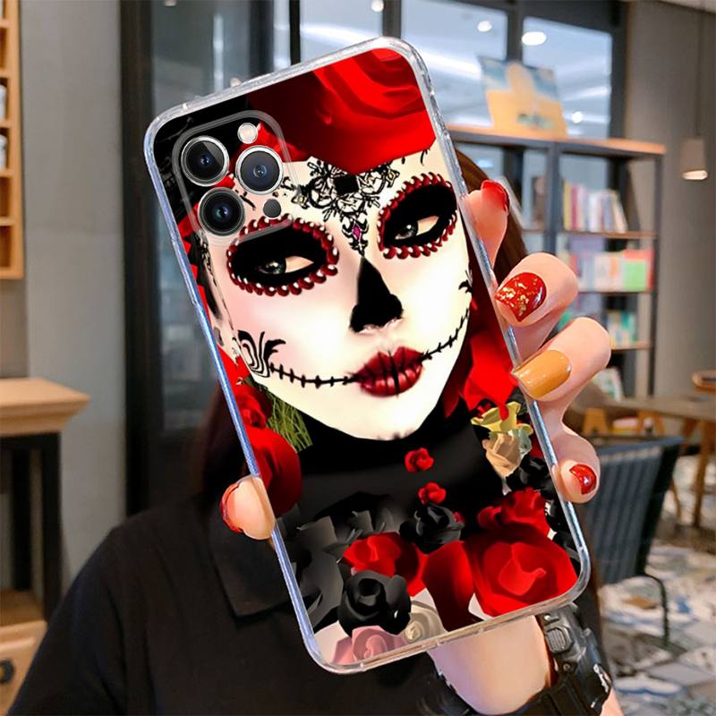 Catrina Beautiful Rose Girl Skull Phone Case For iPhone 14 13 12 11 Pro Max XS X XR SE 2020 6 7 8 Plus Mini Transparent Shell