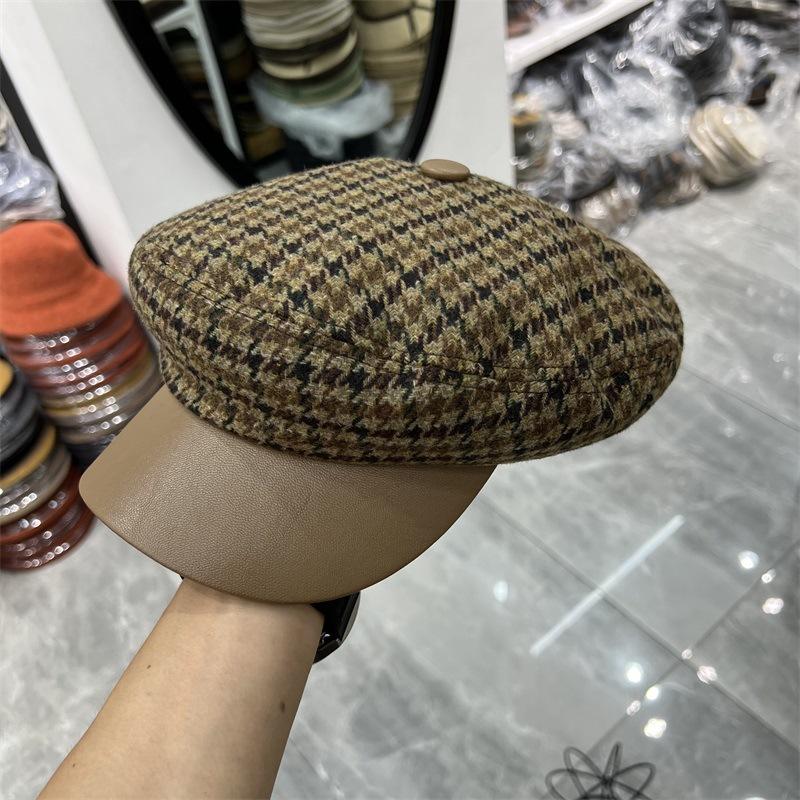 Woolen Herringbone Leather Brim Newsboy Hat Women's Autumn and Winter New British Retro Thermal Celebrity Style Cap