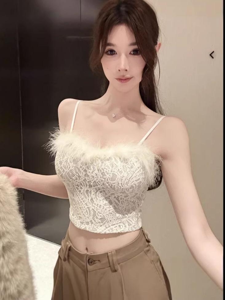Элегантный strapless топ-камисоль с кружевом и перьями, с меховой подкладкой, женский осенне-зимний бандо-топ