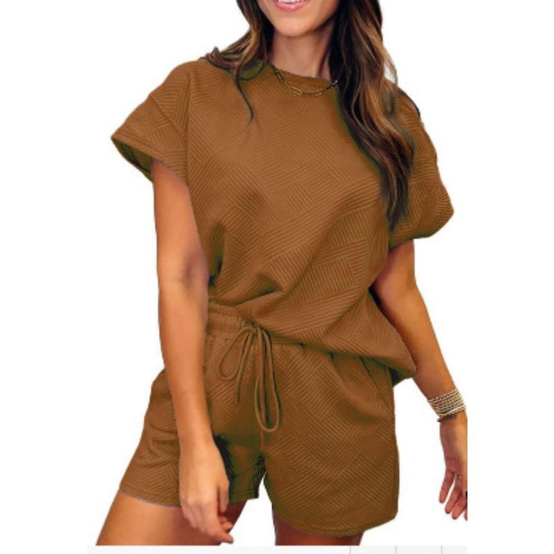 Однотонный топ с круглым вырезом и короткими рукавами для женщин, весна-лето, фактурная ткань, модные шорты, комплект для женщин, костюмы и комплекты для женщин