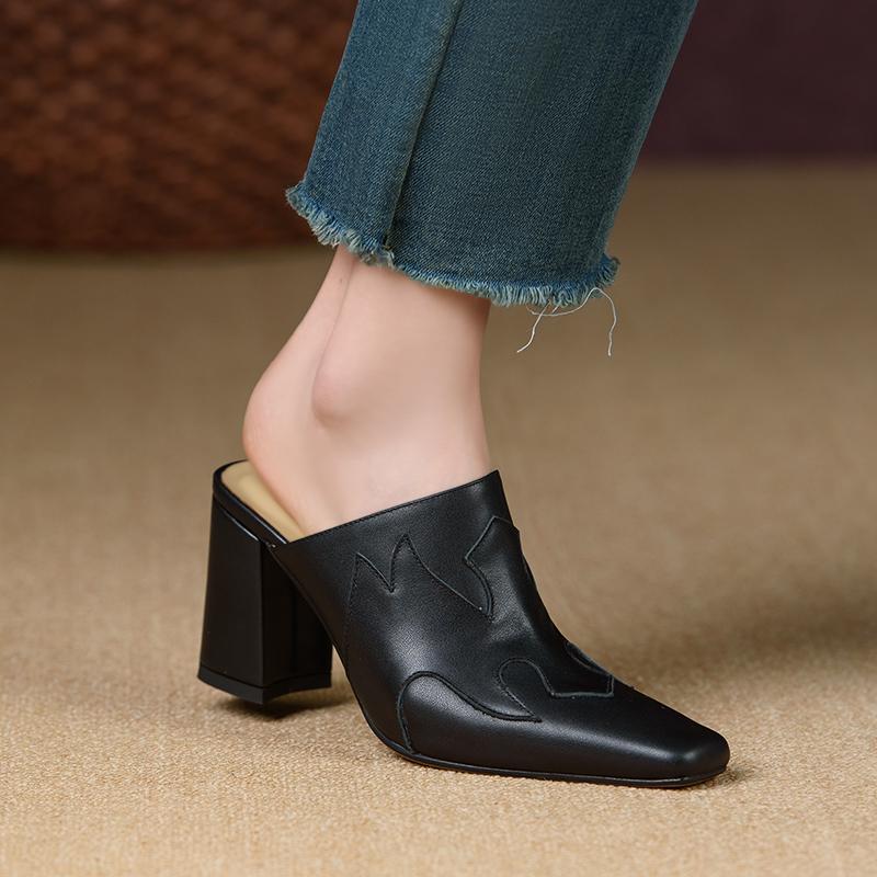 2024 Женские Новые Летние Европейские и Американские Кожаные Квадратные Туфли Baotou Muller на Высоком Каблуке для Женщин