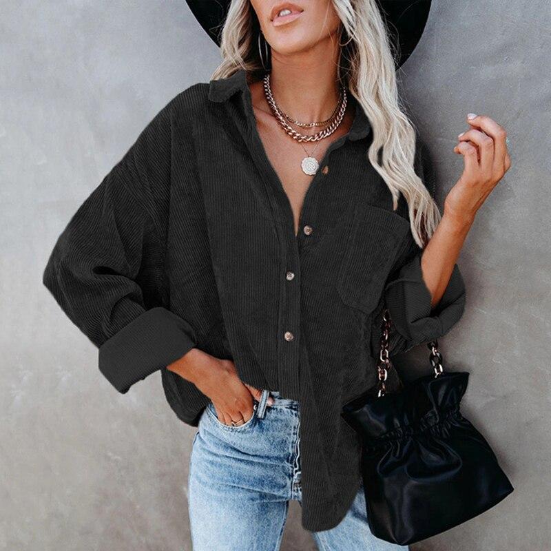 Хлопковая Повседневная вельветовая блузка женская в полоску размера плюс женская рубашка-куртка винтажная пуговица с карманом свободные модные блузки топы 17787